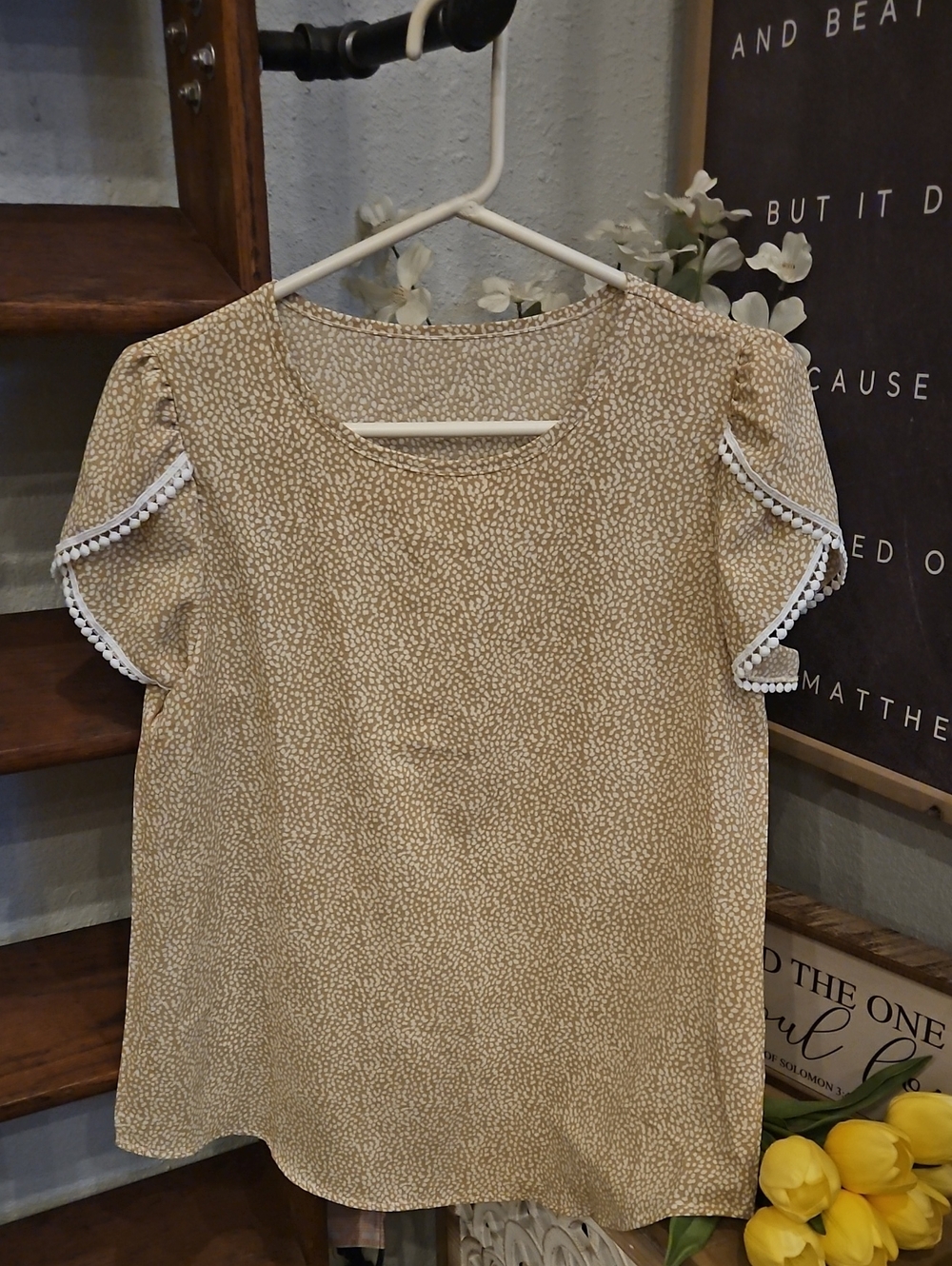Women’s Tan Printed Puff Sleeve Top with Pom Trim